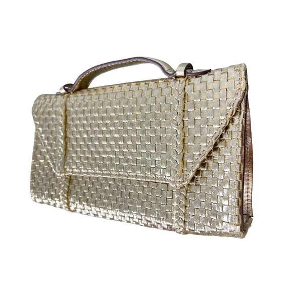 C Wonder by Christian Siriano Woven Leather Clutch Handbag Gold Metallic Party - Picture 2 of 8
